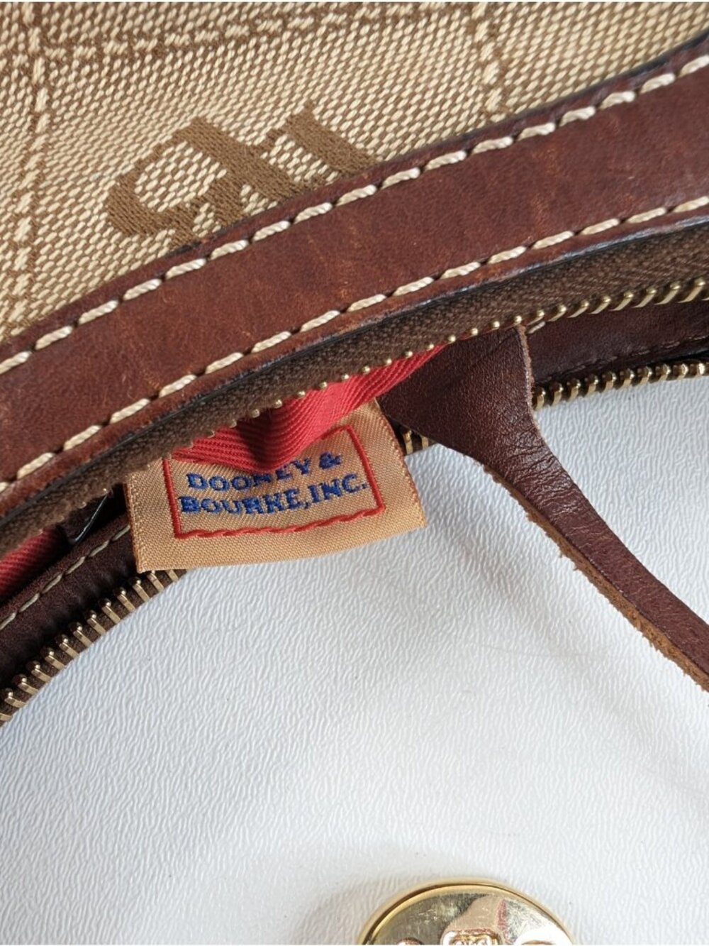Dooney Bourke Monogram Hobo Purse Tan Brown Canvas Brass Shoulder Bag - Picture 9 of 13